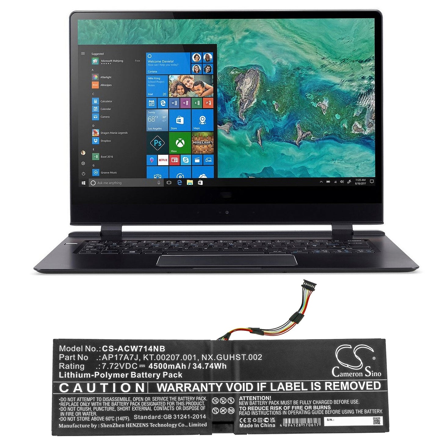 Replacement Battery for Acer Swift 7 SF714-51T – Notebook, Laptop – 4500mAh / 34.74Wh / 7.72V