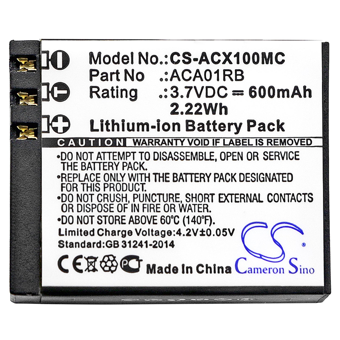 Replacement Battery for ACTIVEON CX – Camera – 600mAh / 2.22Wh / 3.7V