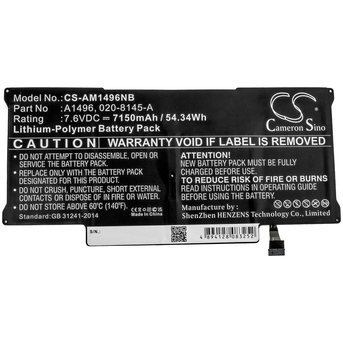 Replacement Battery for Apple Macbook Air 13" A1466 – Notebook, Laptop – 7150mAh / 54.34Wh / 7.6V