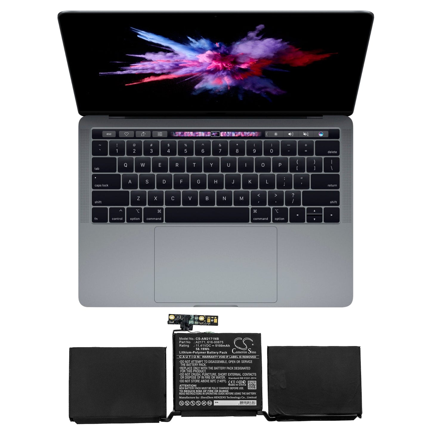 Replacement Battery for Apple MacBook Pro 13 Inch Two Thunde – Notebook, Laptop – 5100mAh / 58.19Wh / 11.41V