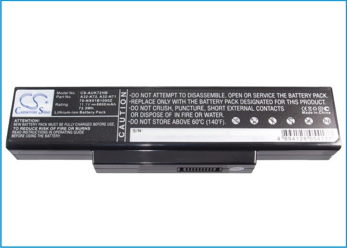 Replacement Battery for Asus A72 – Notebook, Laptop – 6600mAh / 73.26Wh / 11.1V