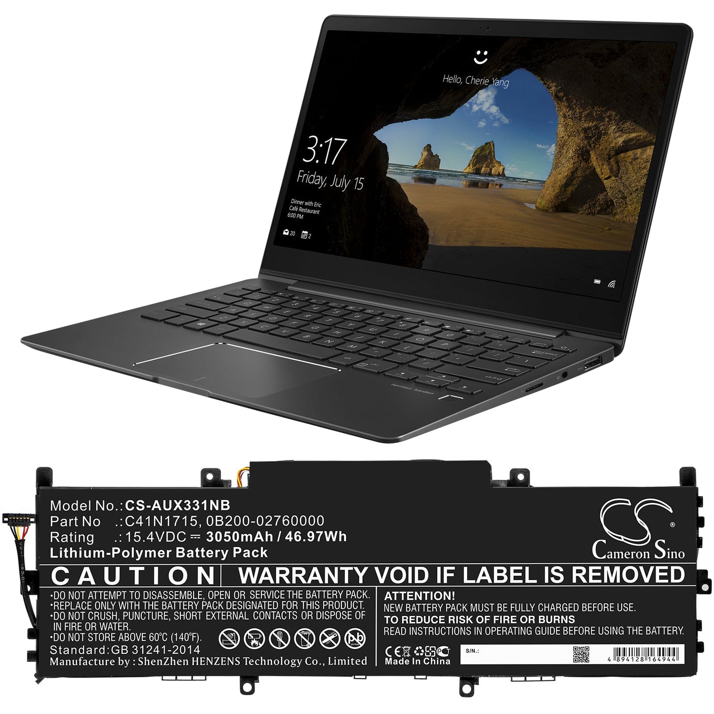 Replacement Battery for Asus U3100FN – Notebook, Laptop – 3050mAh / 46.97Wh / 15.4V