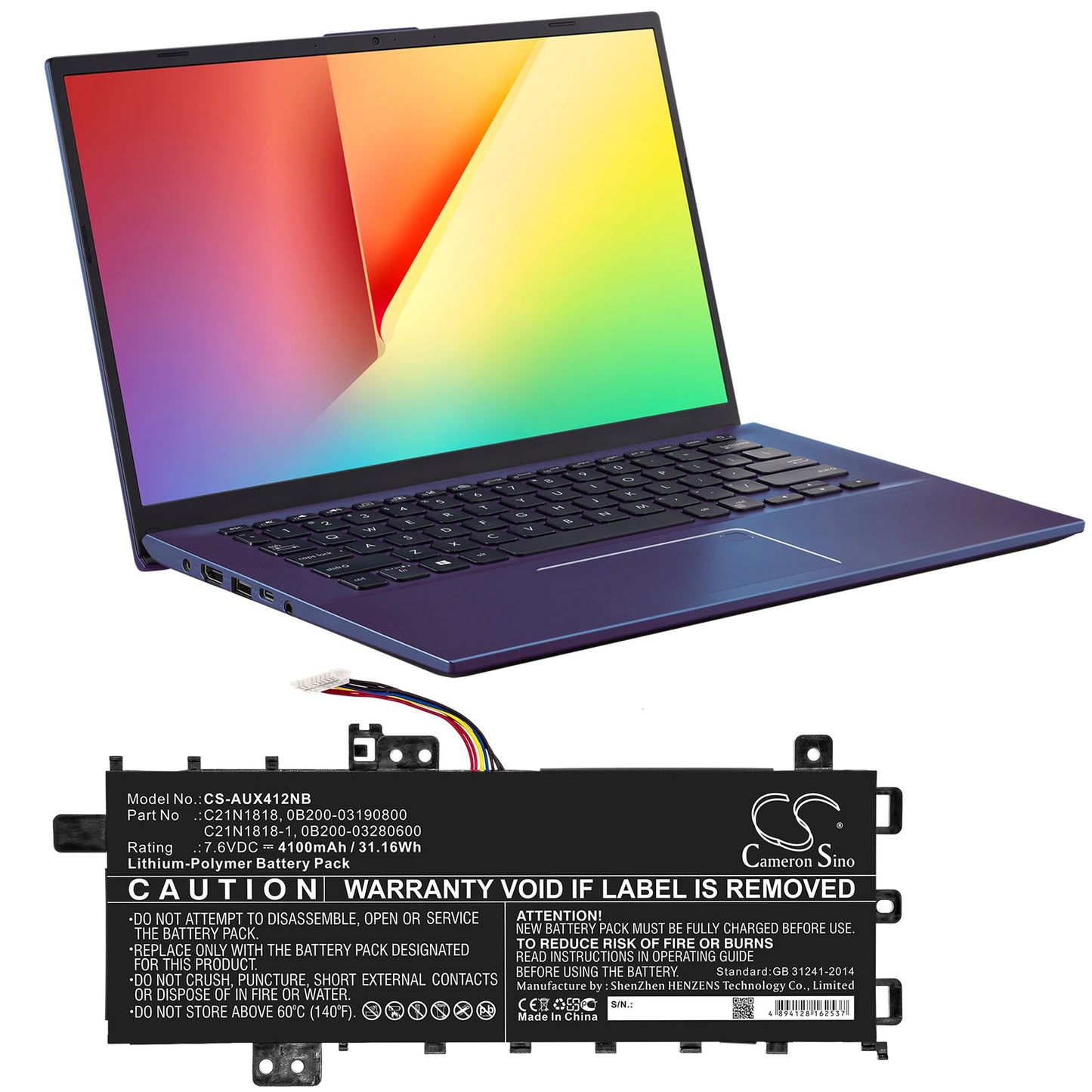 Replacement Battery for Asus A412FA – Notebook, Laptop – 4100mAh / 31.16Wh / 7.6V