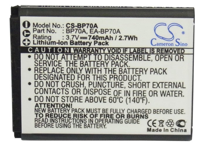 Replacement Battery for Samsung AQ100 – Camera – 740mAh / 2.74Wh / 3.7V