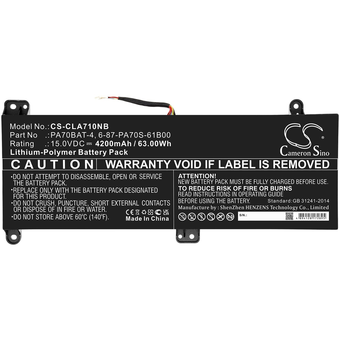 Replacement Battery for Clevo  PA70HP6-G – Notebook, Laptop – 4200mAh / 63.00Wh / 15.0V