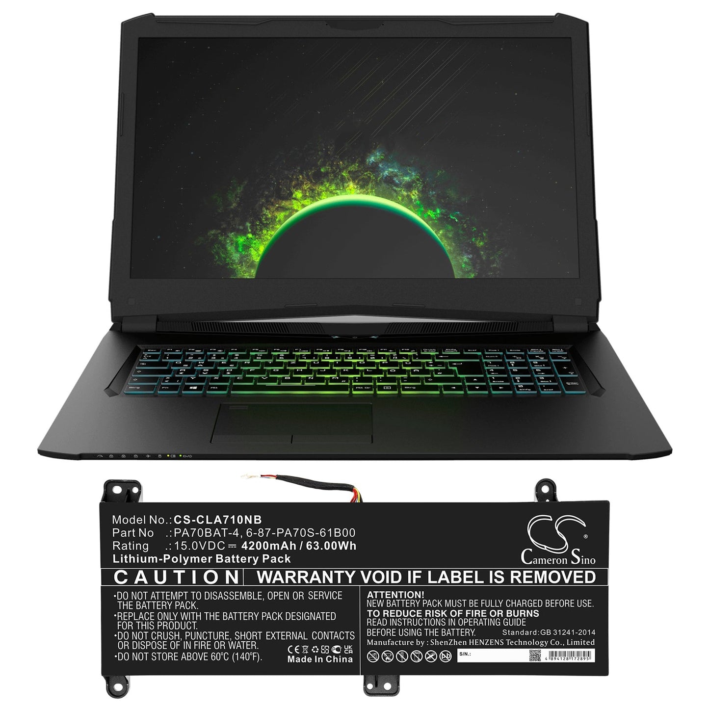 Replacement Battery for Clevo  PA70HP6-G – Notebook, Laptop – 4200mAh / 63.00Wh / 15.0V