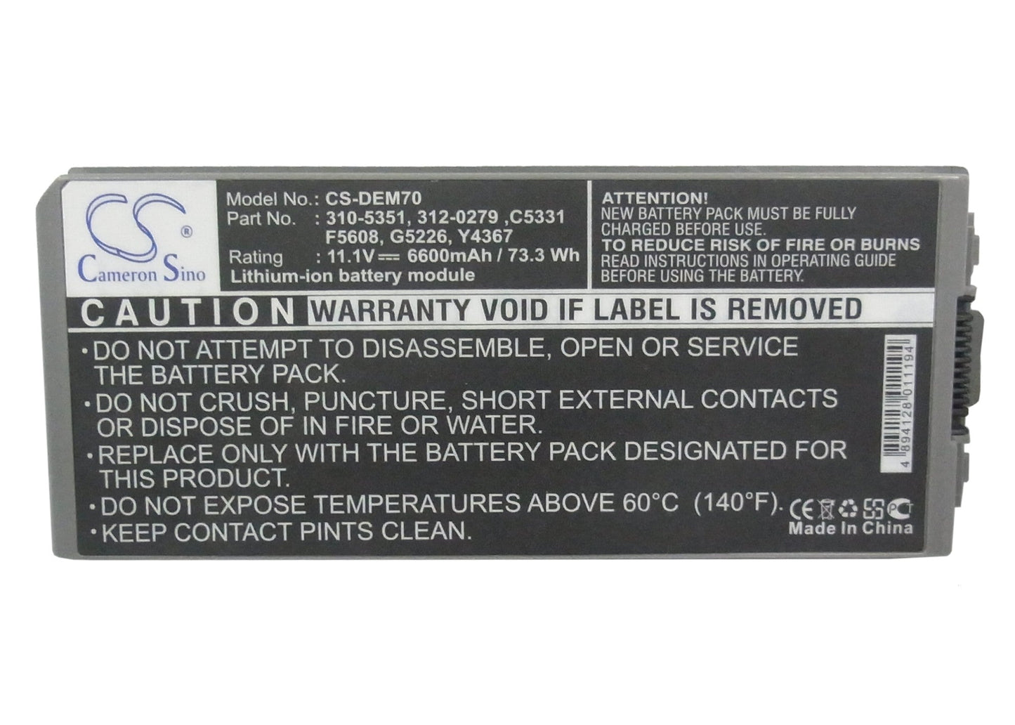 Replacement Battery for DELL Latitude D810 – Notebook, Laptop – 4400mAh / 11.1V