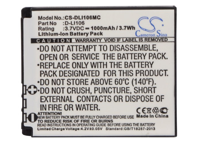 Replacement Battery for PENTAX MX-1 – Camera – 1000mAh / 3.7Wh / 3.7V