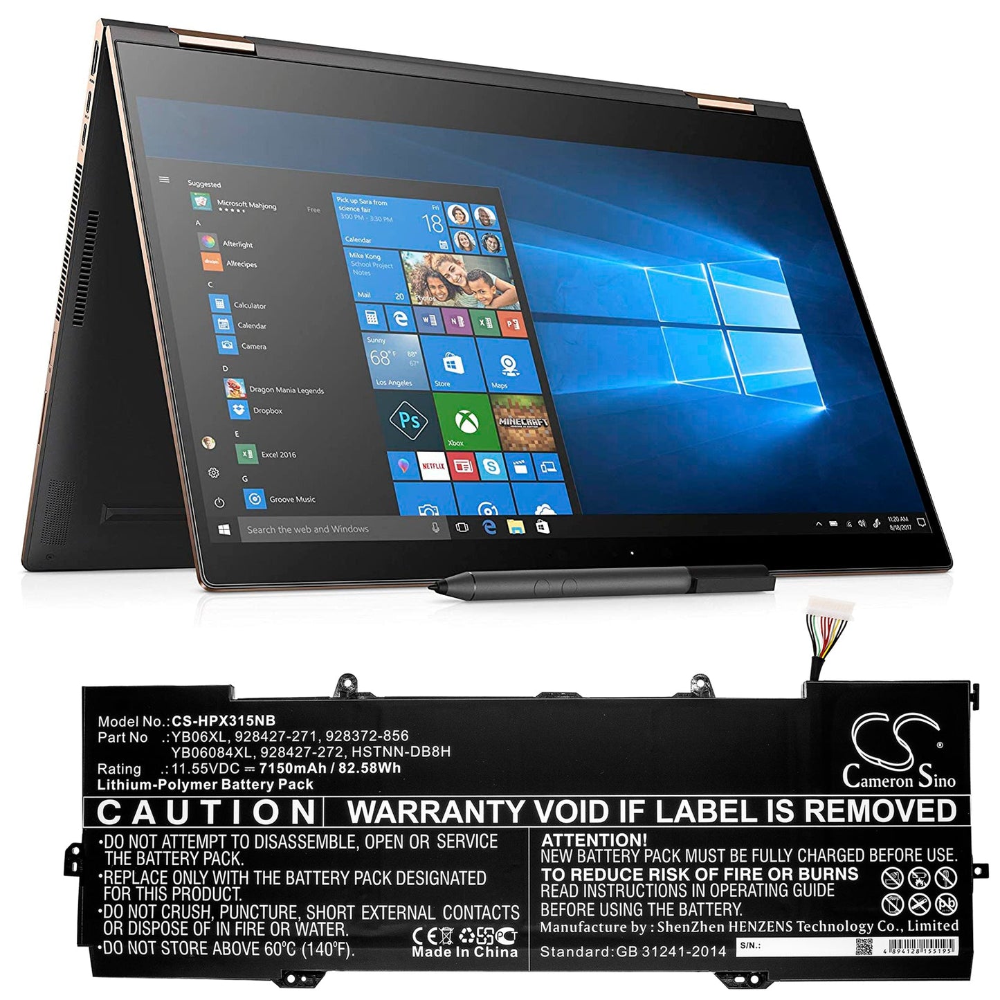 Replacement Battery for HP Spectre X360 15-CH000NA – Notebook, Laptop – 7150mAh / 82.58Wh / 11.55V