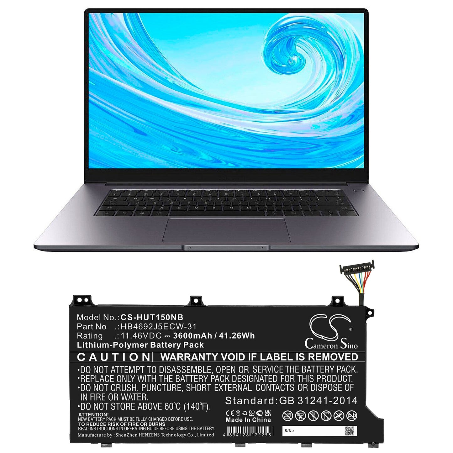 Replacement Battery for Huawei HLY-19R – Notebook, Laptop – 3600mAh / 41.26Wh / 11.46V