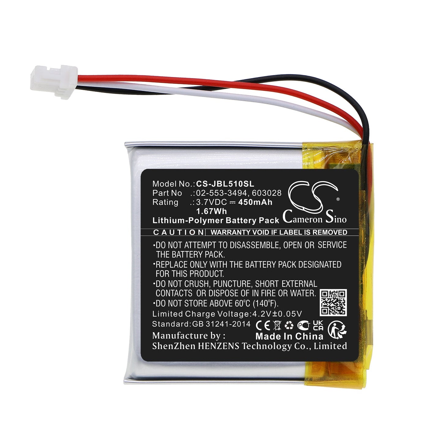 Replacement Battery for JBL Tune 500BT – Wireless Headset – 450mAh / 1.67Wh / 3.7V