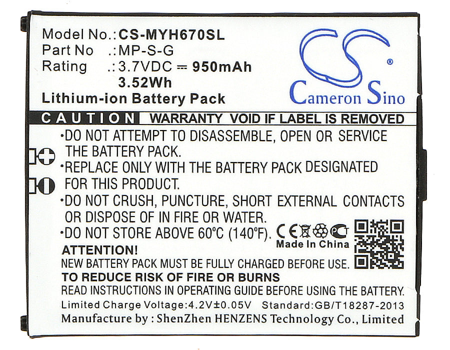 Replacement Battery for Myphone 6670 City – Mobile, SmartPhone – 950mAh / 3.52Wh / 3.7V