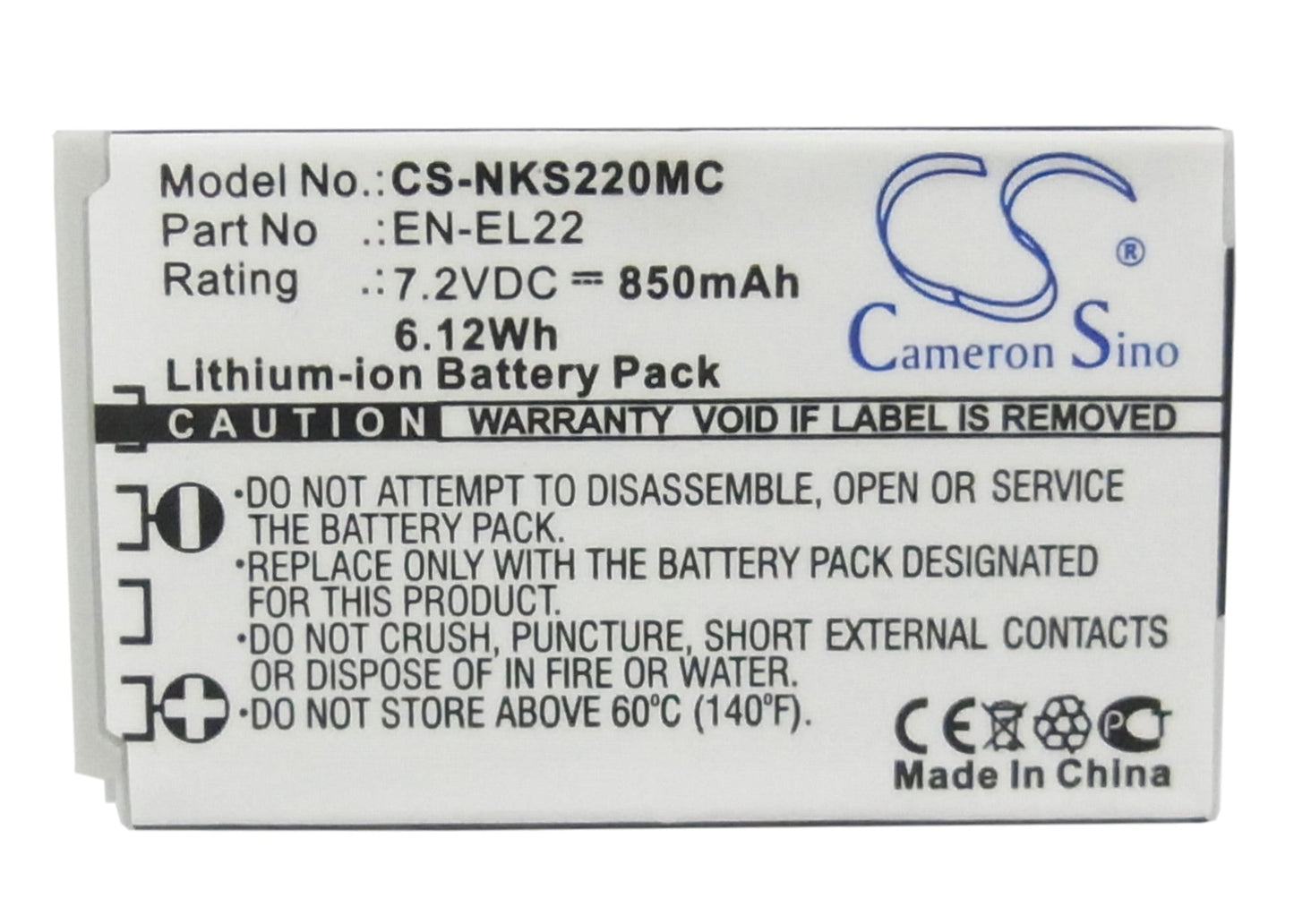 Replacement Battery for Nikon 1 J4 – Camera – 850mAh / 6.12Wh / 7.2V
