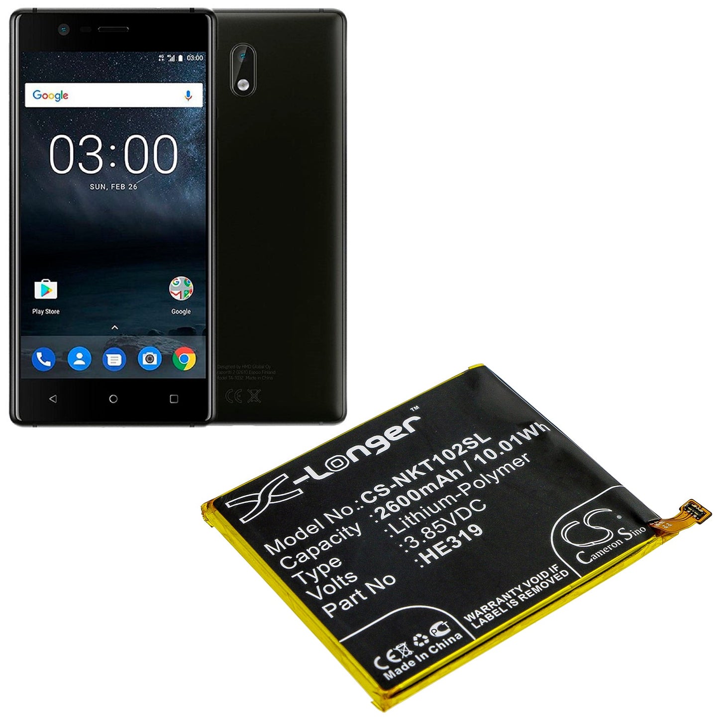 Replacement Battery for Nokia Nokia 3 – Mobile, SmartPhone – 2600mAh / 10.01Wh / 3.85V