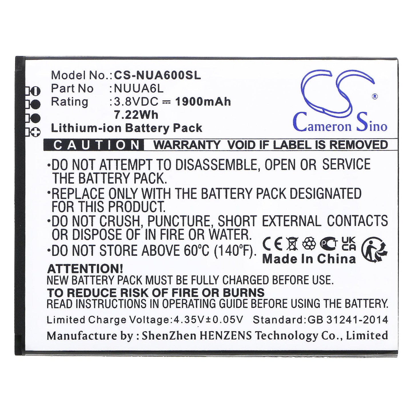 Replacement Battery for NUU A6L – Mobile, SmartPhone – 1900mAh / 7.22Wh / 3.8V