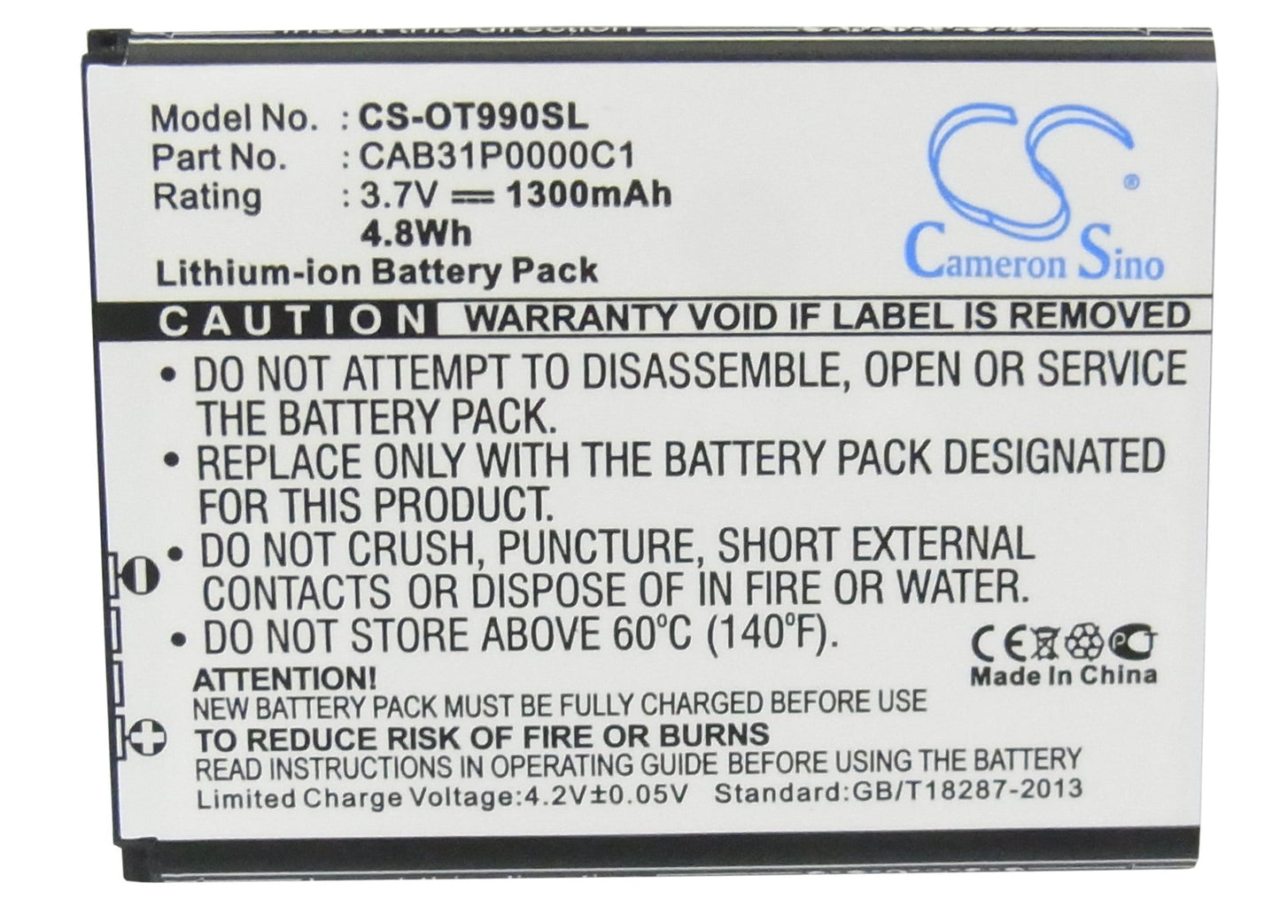 Replacement Battery for TCL  A919 – Mobile, SmartPhone – 1300mAh / 4.81Wh / 3.7V