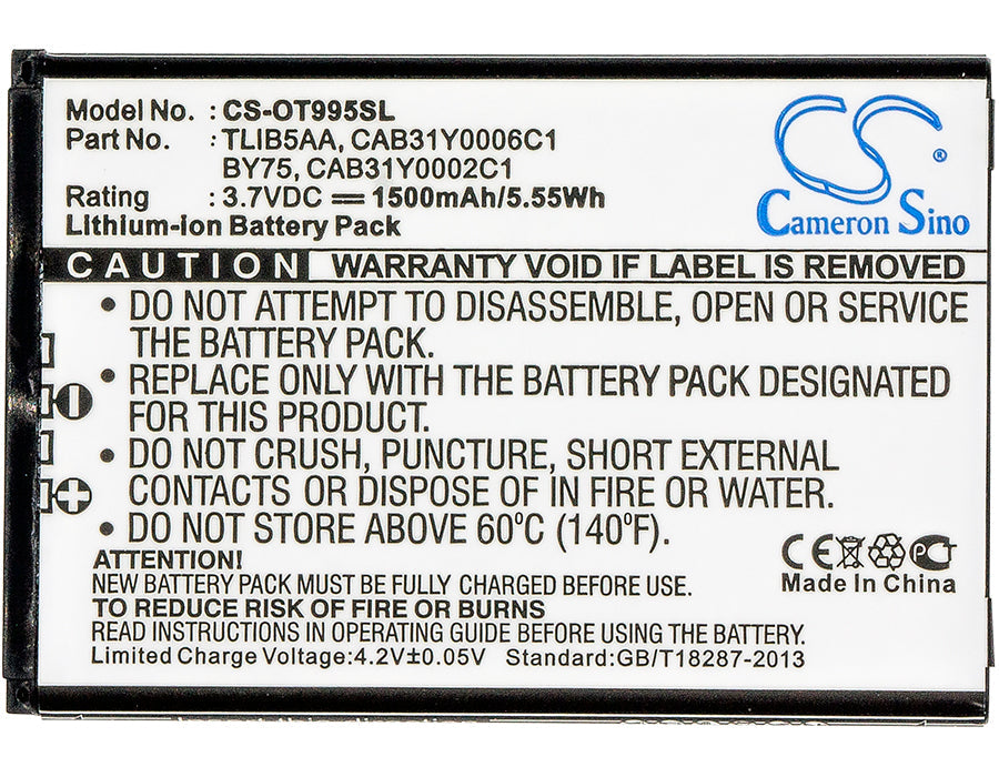 Replacement Battery for Alcatel One Touch 993D – Mobile, SmartPhone – 1500mAh / 5.55Wh / 3.7V