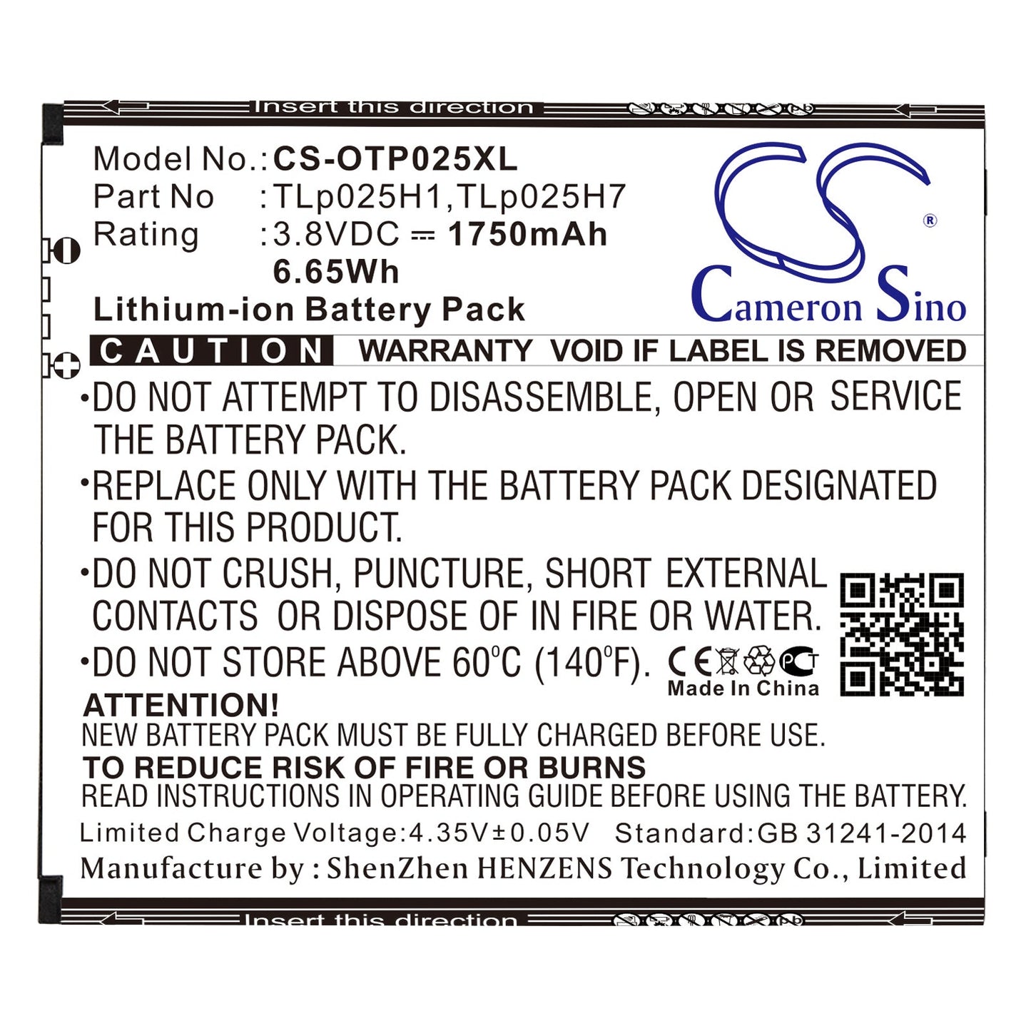 Replacement Battery for Alcatel One Touch POP 4 – Mobile, SmartPhone – 1750mAh / 6.65Wh / 3.8V