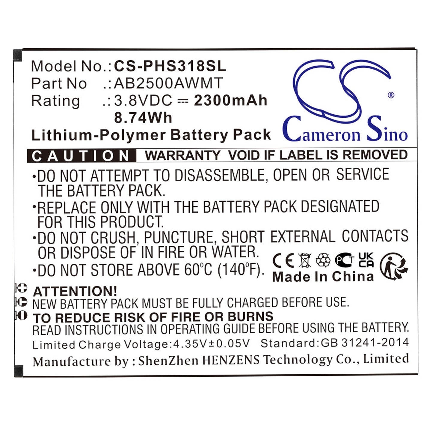 Replacement Battery for Philips CTS318 – Mobile, SmartPhone – 2300mAh / 8.74Wh / 3.8V