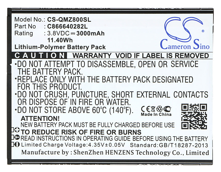Replacement Battery for Qmobile Z8 Plus – Mobile, SmartPhone – 3000mAh / 11.40Wh / 3.8V