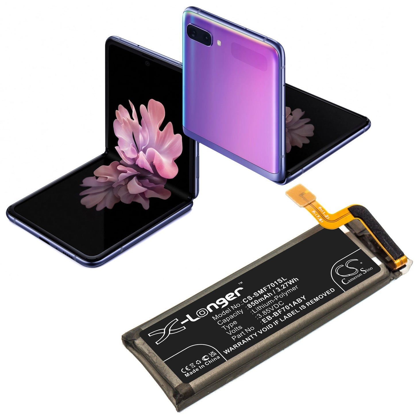 Replacement Battery for Samsung Galaxy Z Flip – Mobile, SmartPhone – 850mAh / 3.27Wh / 3.85V