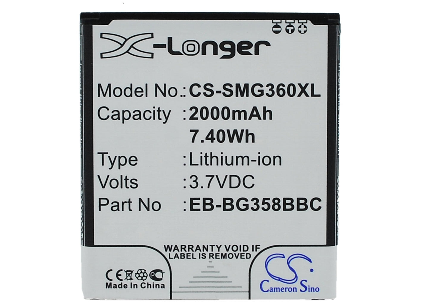Replacement Battery for Samsung Galaxy Core Lite 4G TD-LTE – Mobile, SmartPhone – 2000mAh / 7.40Wh / 3.7V