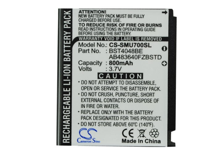 Replacement Battery for Samsung GT-S5230 – Mobile, SmartPhone – 800mAh / 2.96Wh / 3.7V