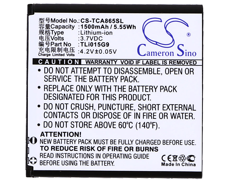 Replacement Battery for TCL  A865 – Mobile, SmartPhone – 1500mAh / 5.55Wh / 3.7V