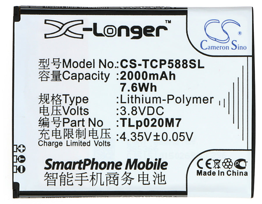 Replacement Battery for TCL  P588L – Mobile, SmartPhone – 2000mAh / 7.60Wh / 3.8V