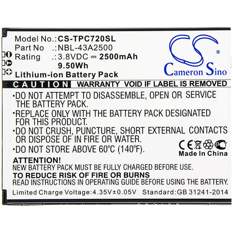 Replacement Battery for Neffos C7s – Mobile, SmartPhone – 2500mAh / 9.50Wh / 3.8V