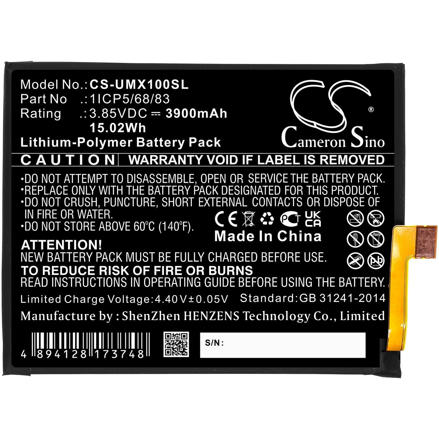 Replacement Battery for UMI  UMIDIGI X – Mobile, SmartPhone – 3900mAh / 15.02Wh / 3.85V