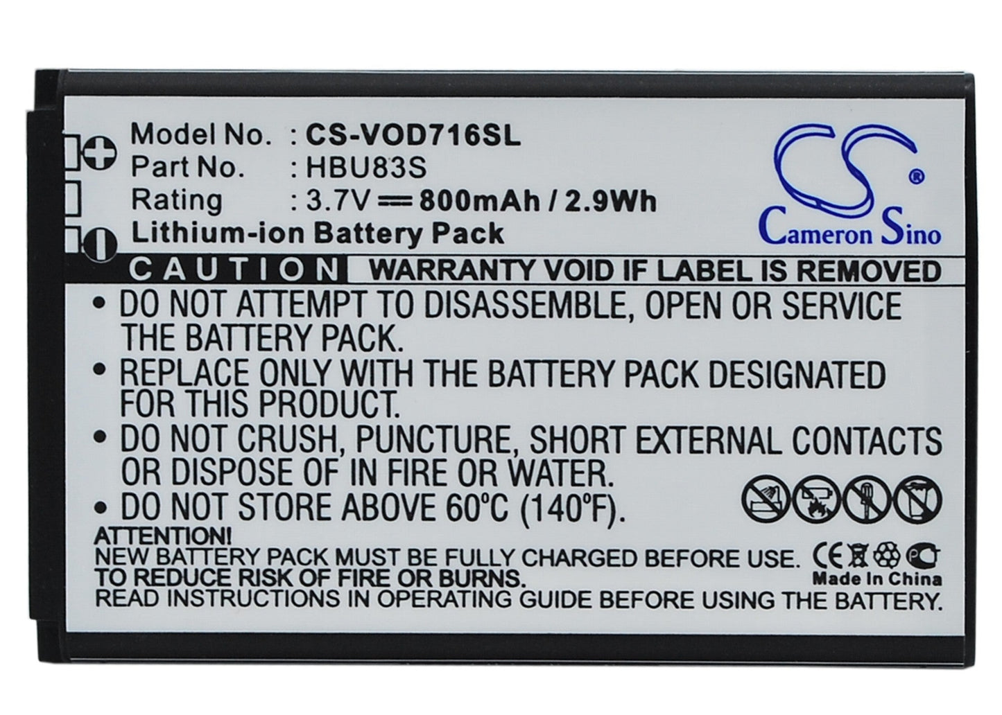 Replacement Battery for Vodafone 715 – Mobile, SmartPhone – 800mAh / 2.96Wh / 3.7V