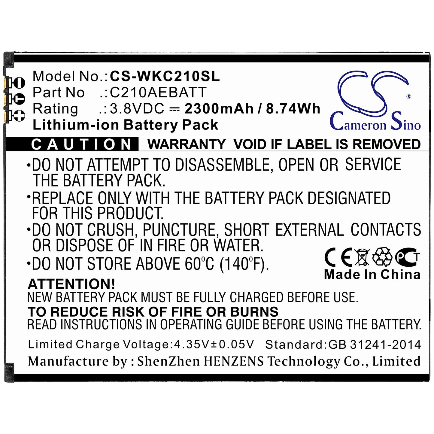 Replacement Battery for Wiko C210 – Mobile, SmartPhone – 2300mAh / 8.74Wh / 3.8V