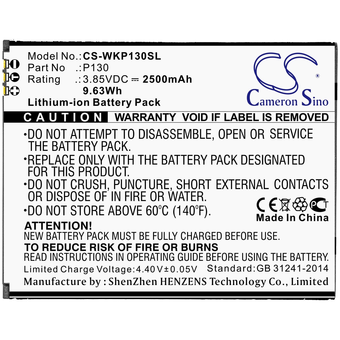 Replacement Battery for Wiko P130 – Mobile, SmartPhone – 2500mAh / 9.63Wh / 3.85V