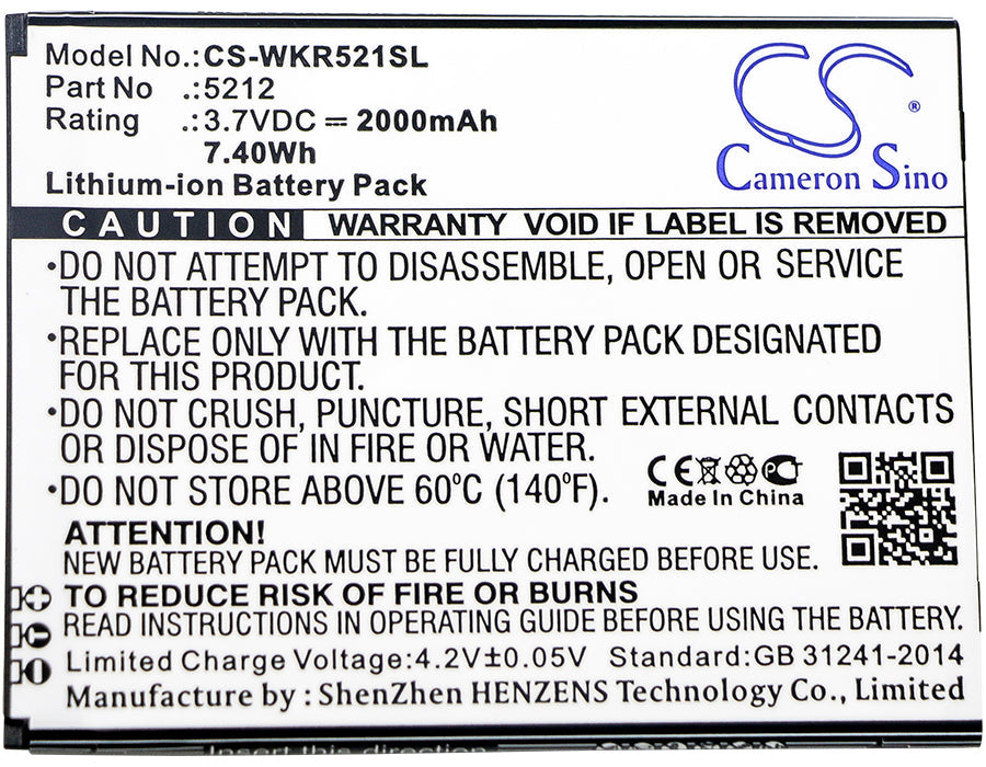 Replacement Battery for Wiko Robby – Mobile, SmartPhone – 2000mAh / 7.40Wh / 3.7V
