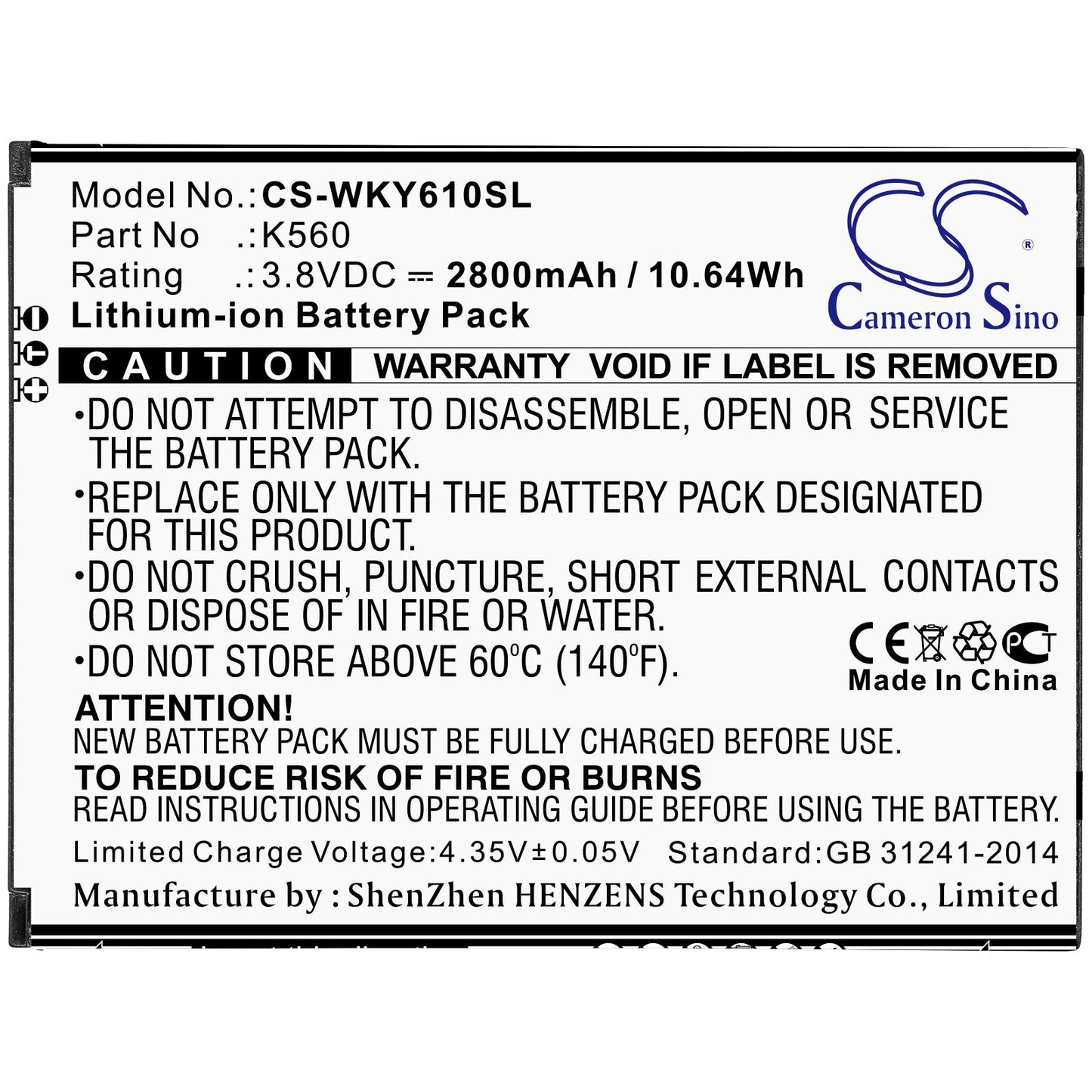 Replacement Battery for Wiko W-K560 – Mobile, SmartPhone – 2800mAh / 10.64Wh / 3.8V