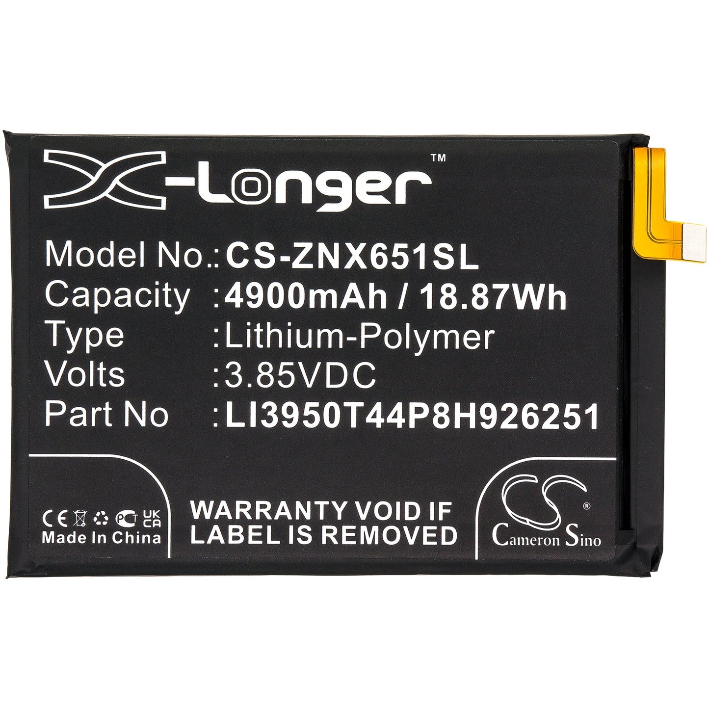 Replacement Battery for ZTE Nubia Play – Mobile, SmartPhone – 4900mAh / 18.87Wh / 3.85V