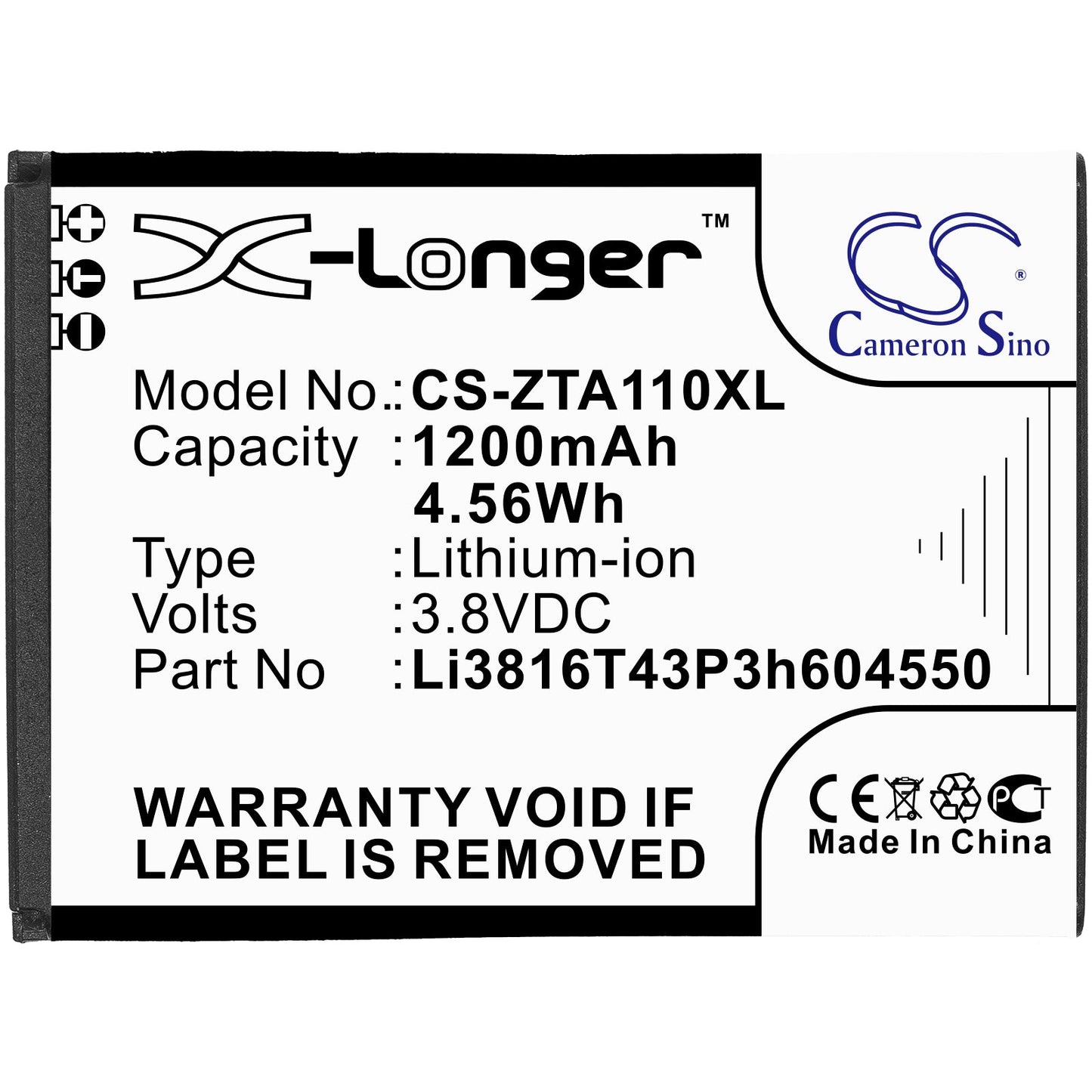 Replacement Battery for ZTE Blade A110 – Mobile, SmartPhone – 1200mAh / 4.56Wh / 3.8V