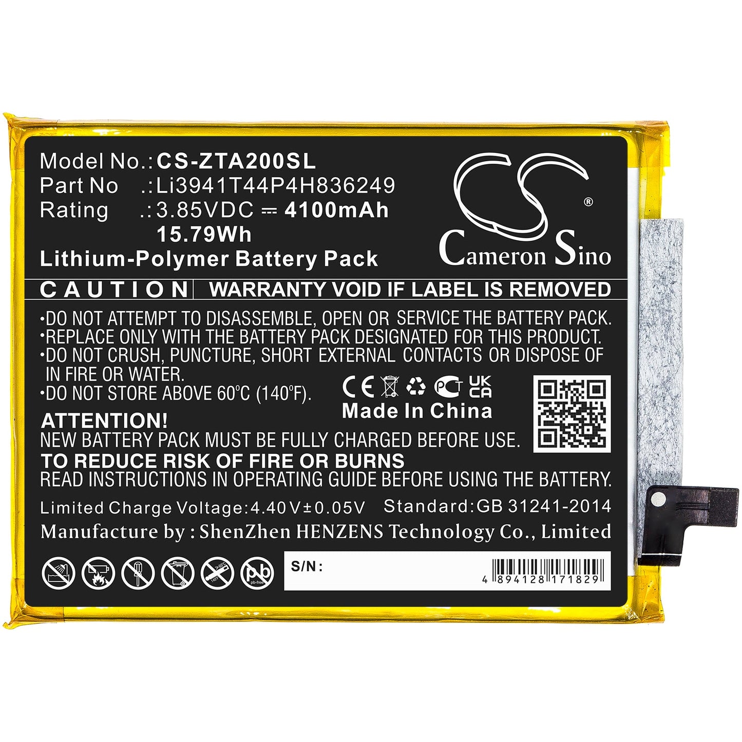 Replacement Battery for ZTE A2121 – Mobile, SmartPhone – 4100mAh / 15.79Wh / 3.85V