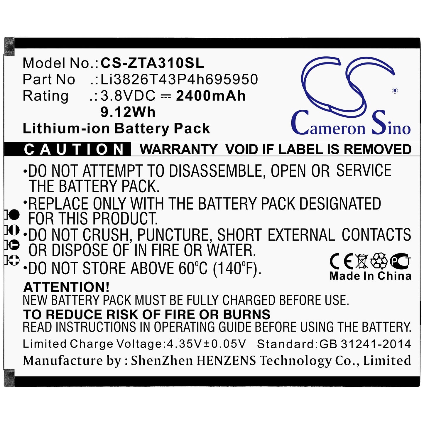 Replacement Battery for ZTE Blade A3 2020 – Mobile, SmartPhone – 2400mAh / 9.12Wh / 3.8V