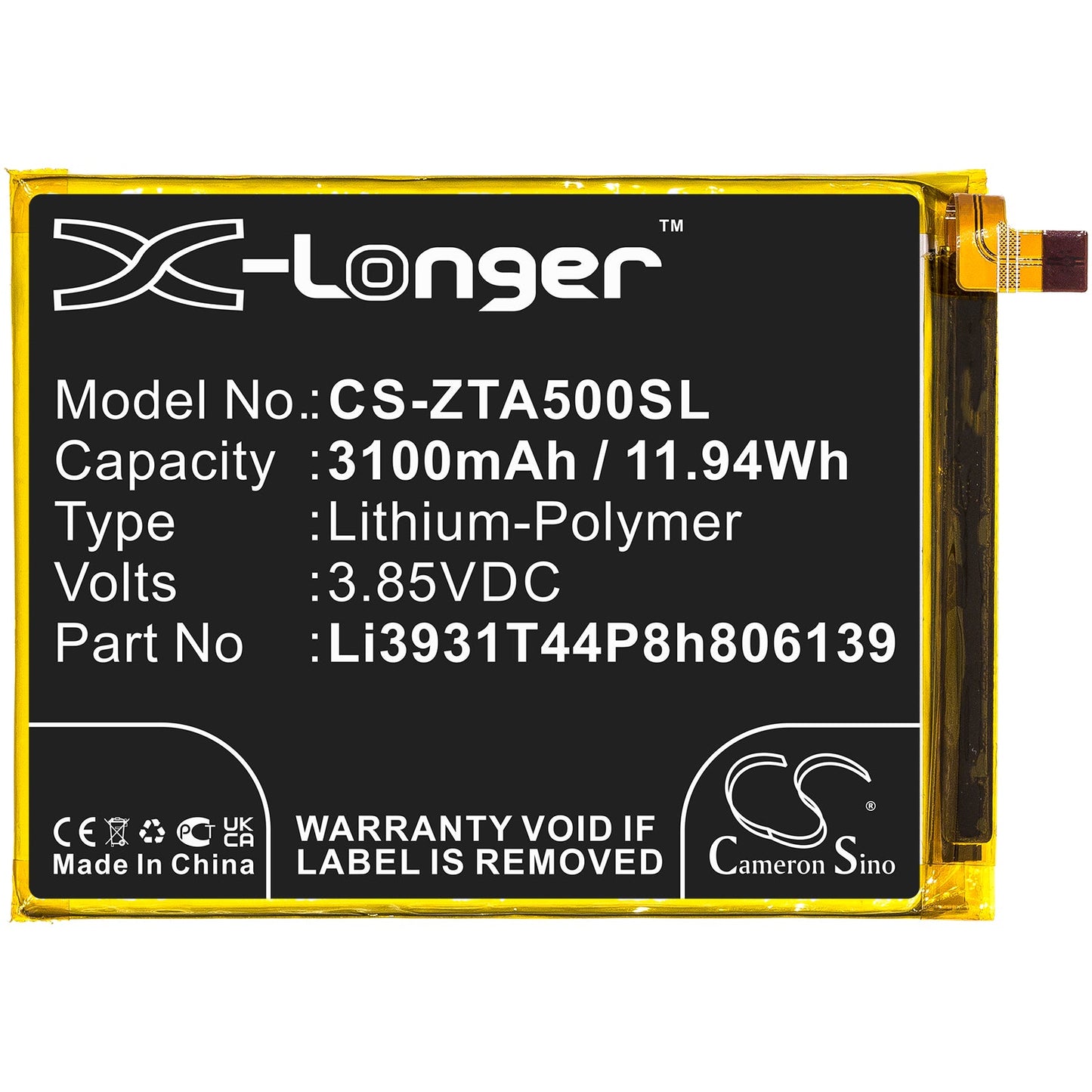 Replacement Battery for ZTE Blade A5 2020 – Mobile, SmartPhone – 3100mAh / 11.94Wh / 3.85V