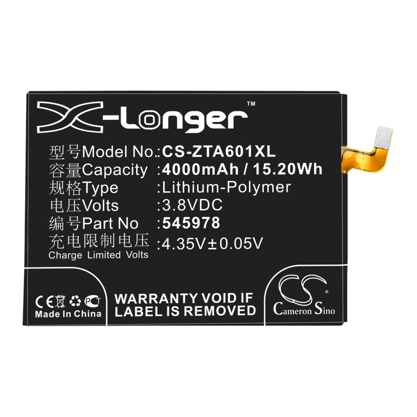 Replacement Battery for ZTE BA601 – Mobile, SmartPhone – 4000mAh / 15.20Wh / 3.8V