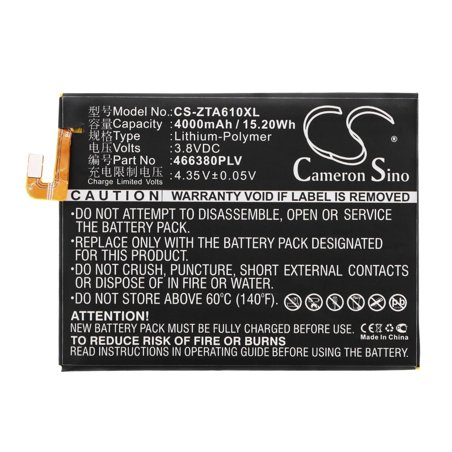 Replacement Battery for ZTE BA610 – Mobile, SmartPhone – 4000mAh / 15.20Wh / 3.8V