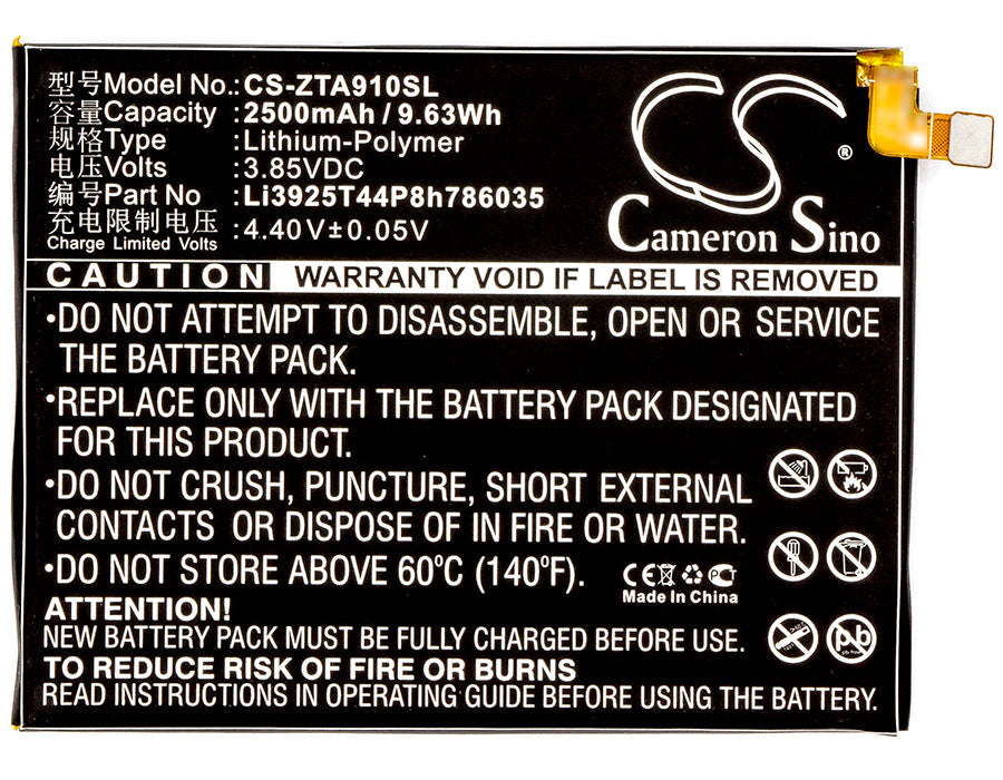 Replacement Battery for ZTE BA910 – Mobile, SmartPhone – 2500mAh / 9.63Wh / 3.85V