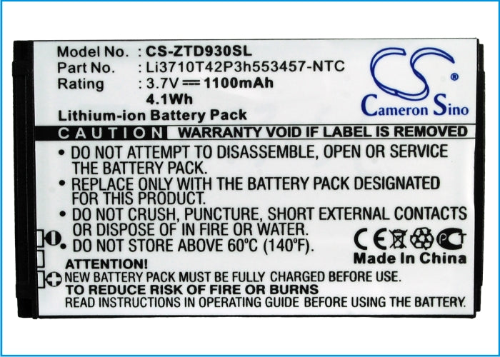 Replacement Battery for ZTE Chorus – Mobile, SmartPhone – 1100mAh/4.1WH / 3.7V
