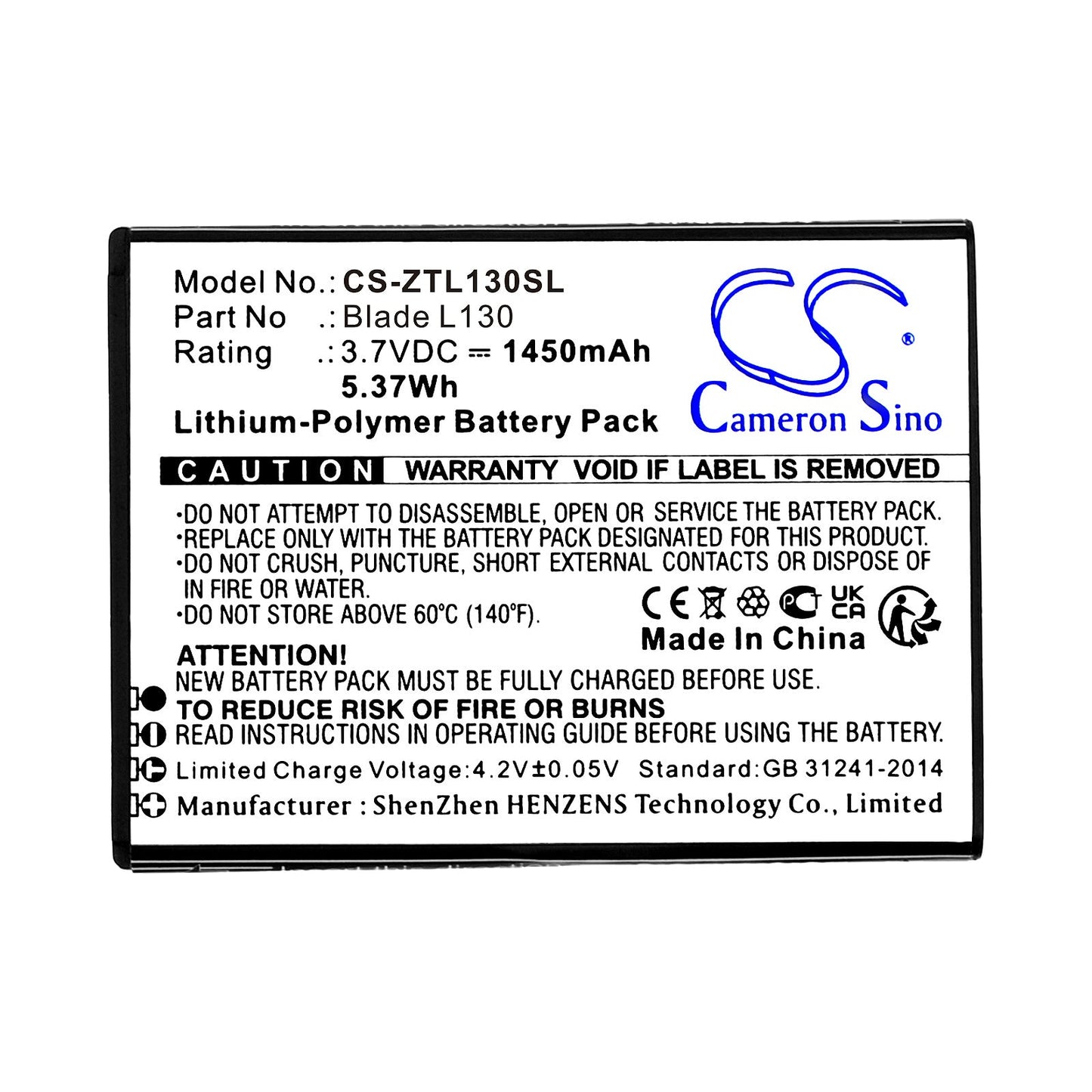 Replacement Battery for ZTE Blade L130 – Mobile, SmartPhone – 1450mAh / 5.37Wh / 3.7V