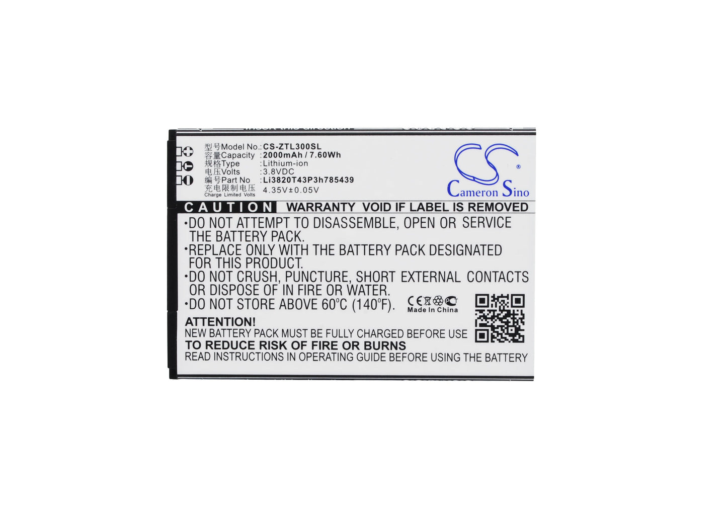 Replacement Battery for ZTE Blade L3 – Mobile, SmartPhone – 2000mAh / 7.60Wh / 3.8V