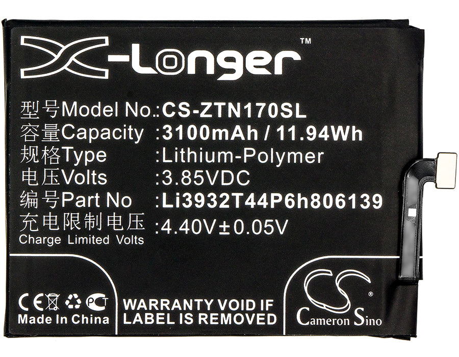 Replacement Battery for ZTE Nubia Z17 – Mobile, SmartPhone – 3100mAh / 11.94Wh / 3.85V