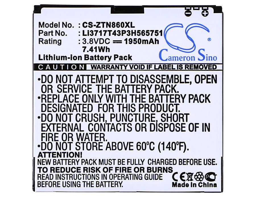 Replacement Battery for ZTE N855D – Mobile, SmartPhone – 1950mAh / 7.41Wh / 3.8V