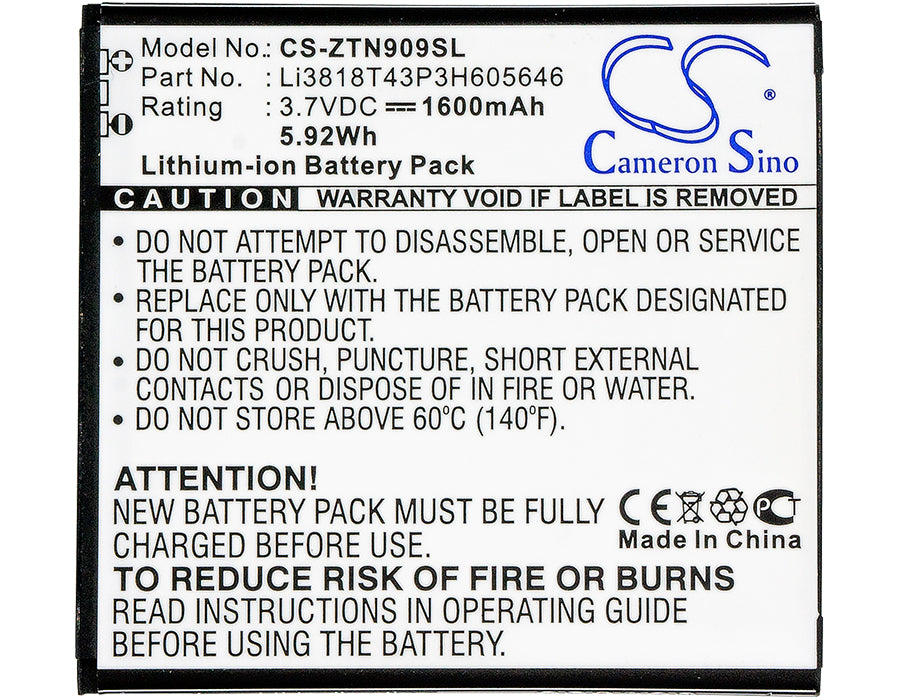 Replacement Battery for ZTE N909 – Mobile, SmartPhone – 1600mAh / 5.92Wh / 3.7V